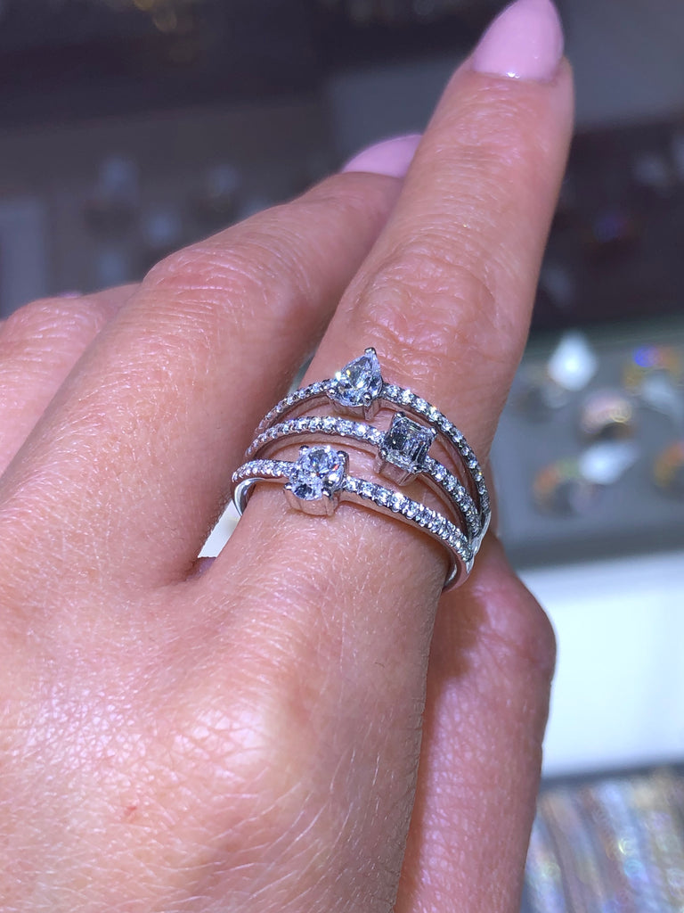 14K Gold Three Row Multi Shape Diamond Band