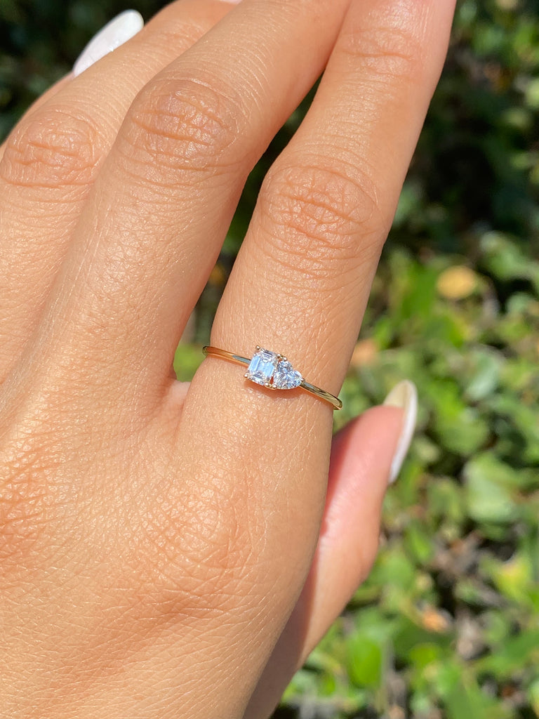 14K Gold Toi Et Moi Heart and Baguette Diamond Ring