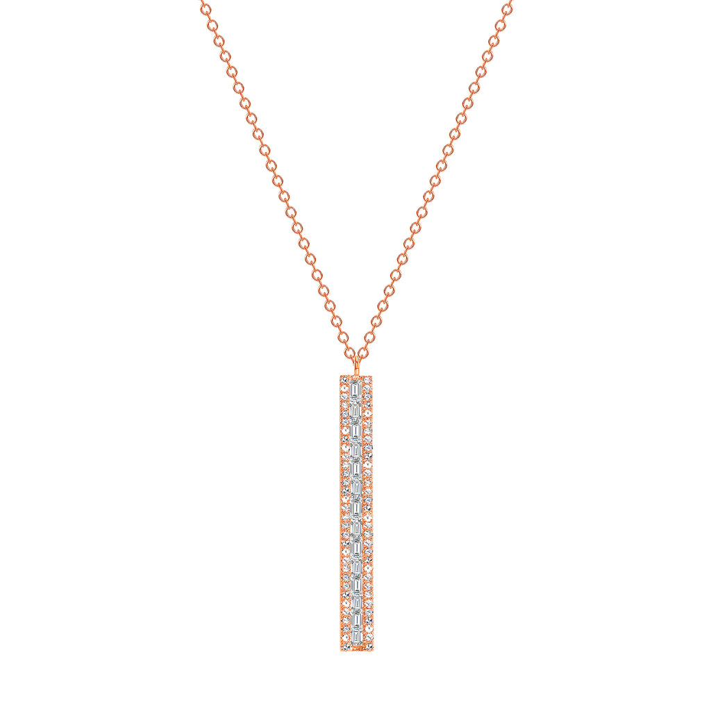 14K Gold Bar with Round and Baguette Diamond Pendant