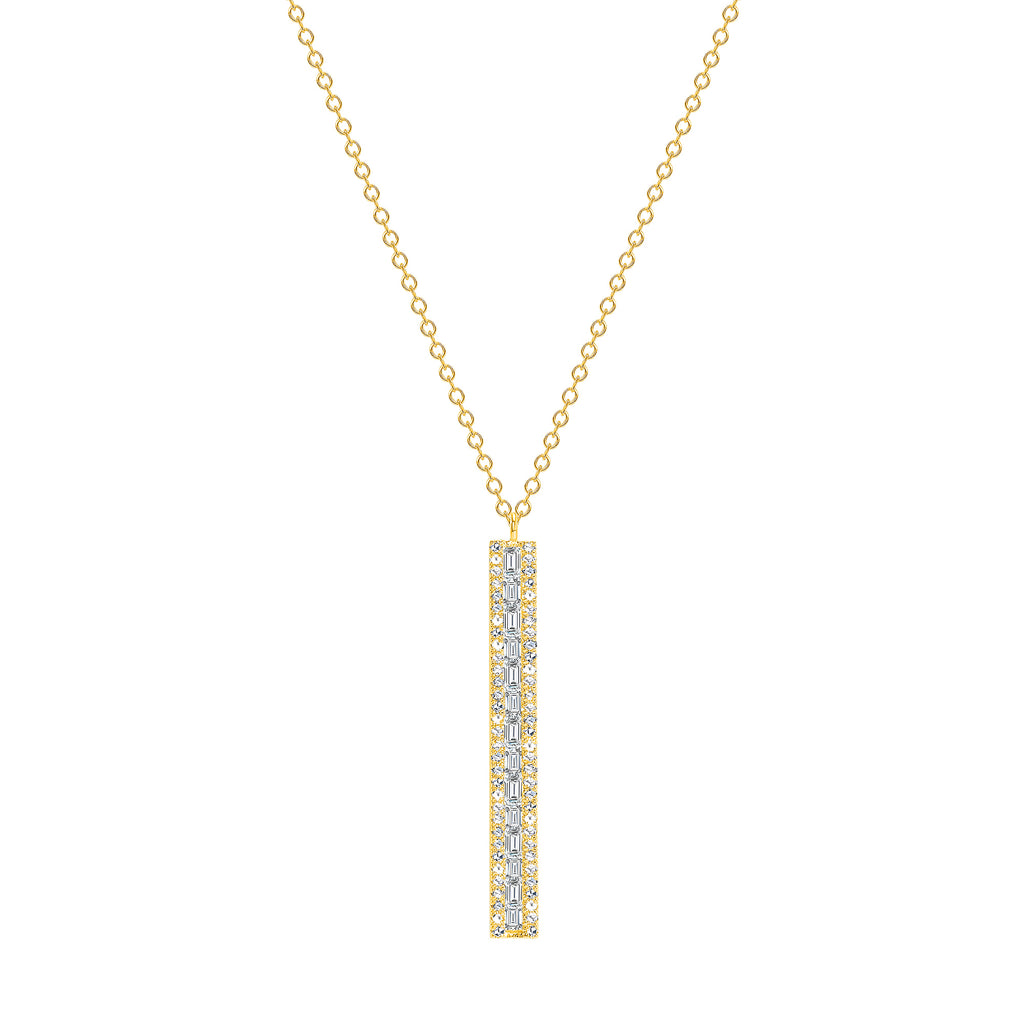 14K Gold Bar with Round and Baguette Diamond Pendant