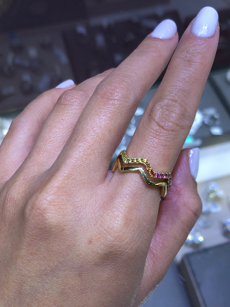 14K Gold Zig Zag Colorful Sapphire Band