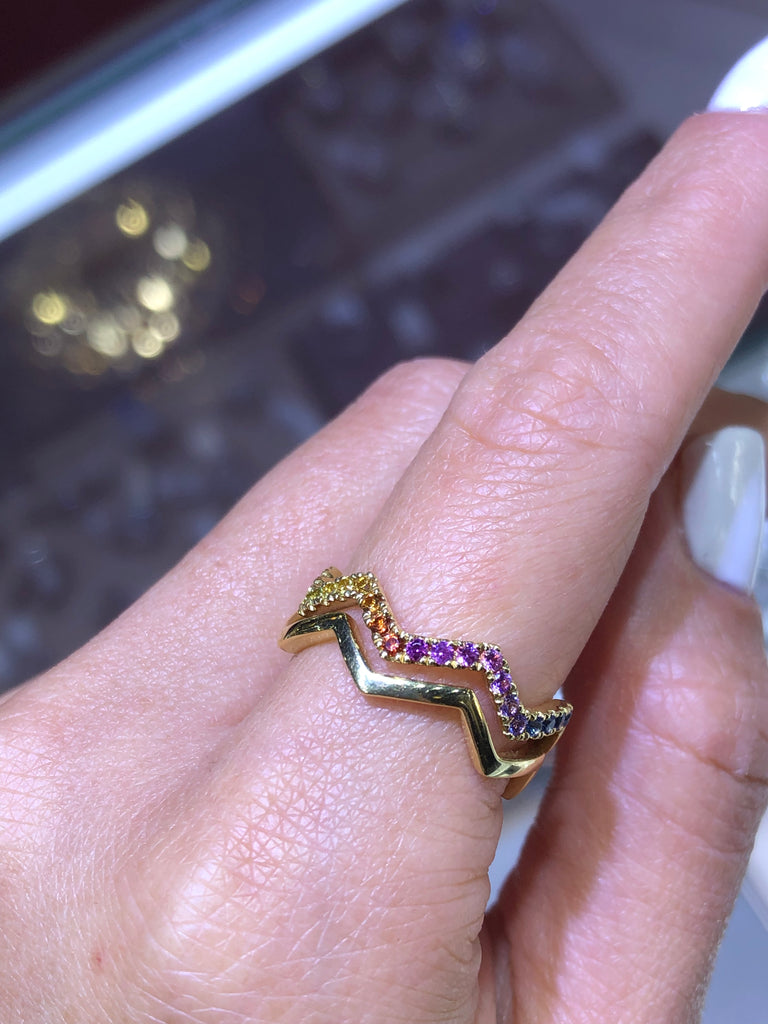 14K Gold Zig Zag Colorful Sapphire Band