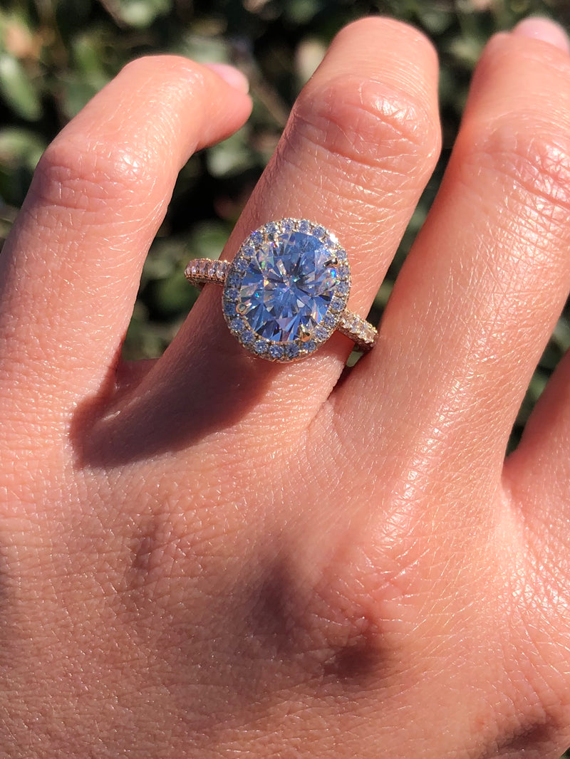 14K Gold Diamond Halo Ring with 2.50 Carat Oval Cut Moissanite Engagement Ring