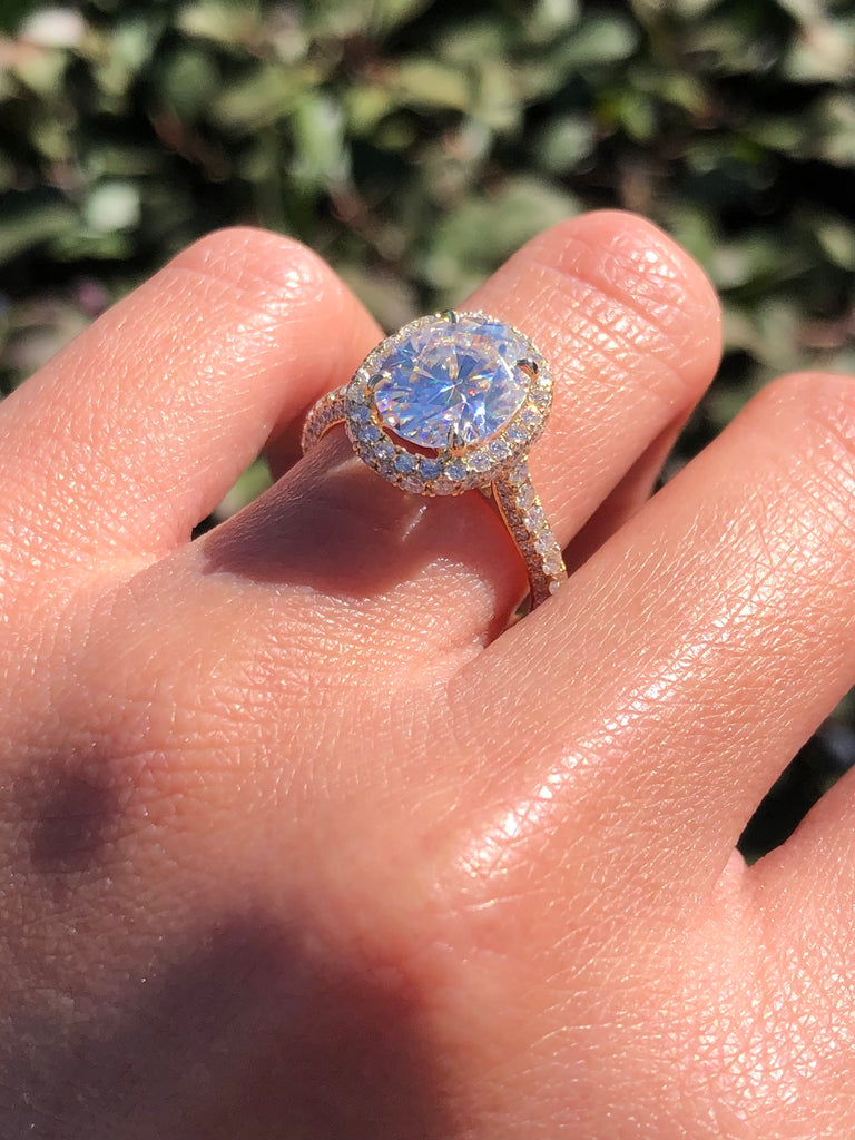 14K Gold Diamond Halo Ring with 2.50 Carat Oval Cut Moissanite Engagement Ring