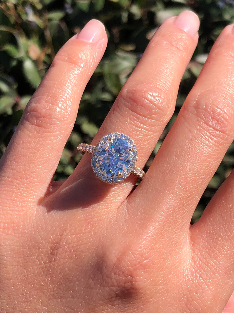 14K Gold Diamond Halo Ring with 2.50 Carat Oval Cut Moissanite Engagement Ring