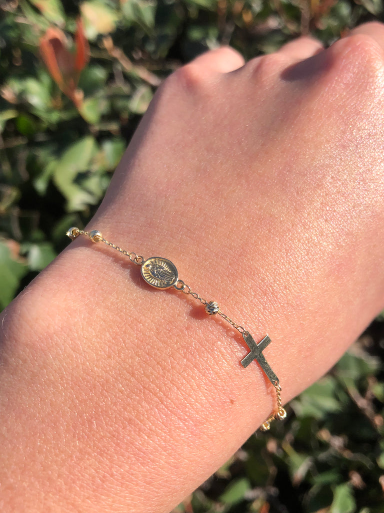 14K Yellow Gold Rosary Diamond Cut Ball Bracelet