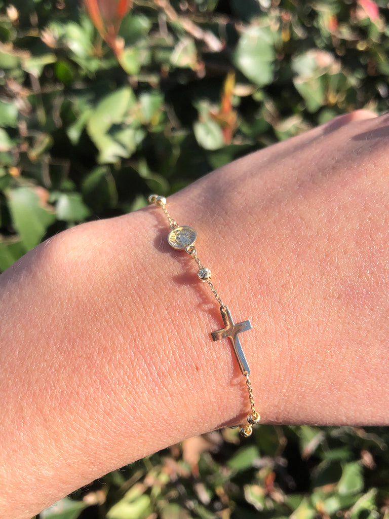 14K Yellow Gold Rosary Diamond Cut Ball Bracelet
