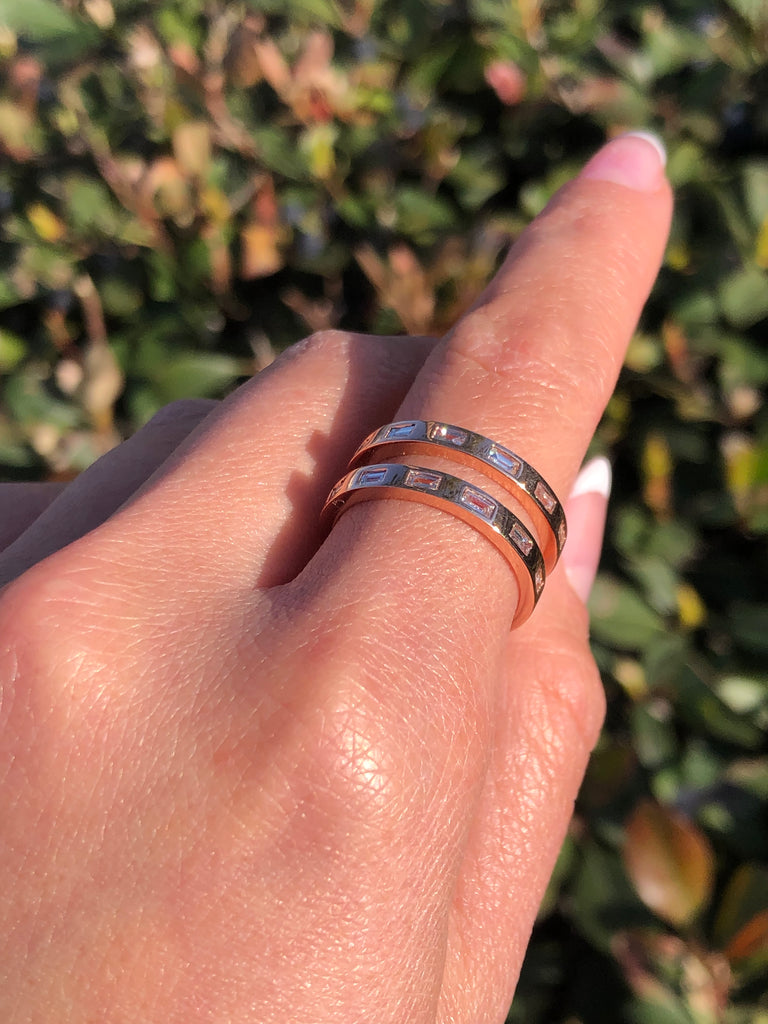 14K Gold Two Row Baguette Set Diamond Band