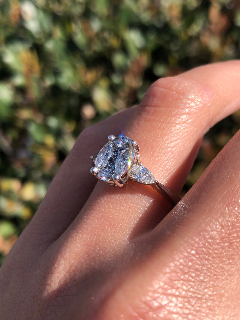 14K Gold Oval Diamond Cluster Three Stone Engagement Ring