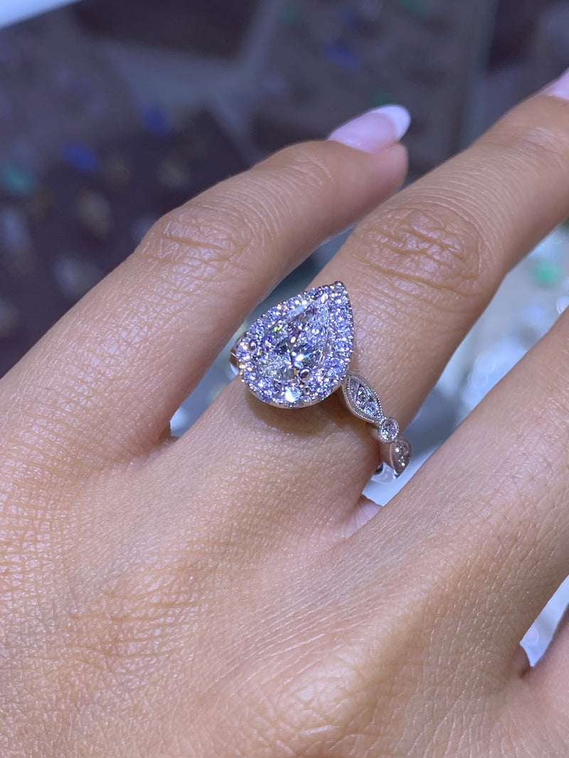 14K Gold Art Deco Pear Natural Diamond Halo Engagement Ring w/ Matching Diamond Band