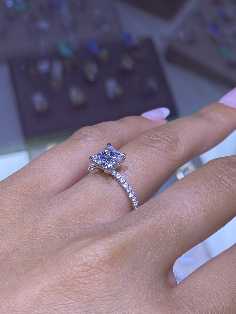 14K Gold 1.50 Carat Princess Lab Grown Diamond Under Halo Engagement Ring