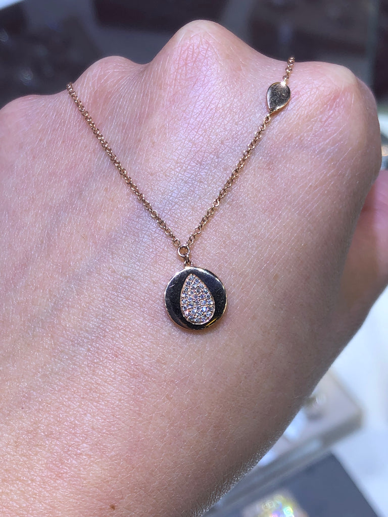 14K Gold Diamond Tear Drop Circle Pendant