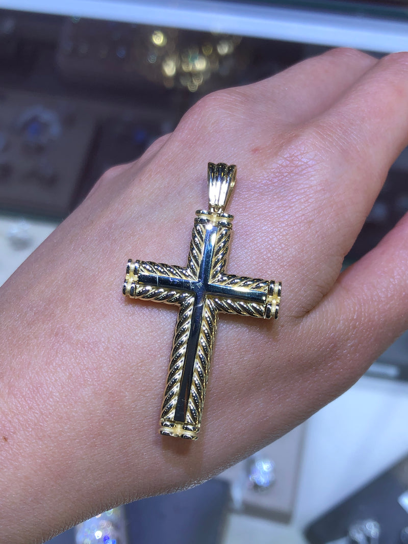 14K Large Gold Braided Bezel Cross Pendant