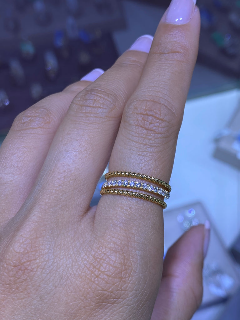 14K Gold Three Row Roped Diamond Band