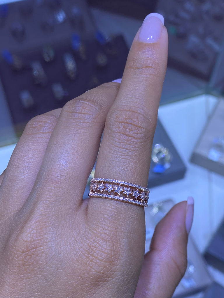 14K Gold Three Row Star Diamond Band