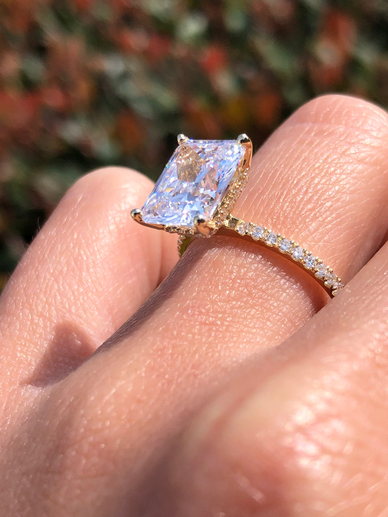 14K Gold 3.50 Carat Radiant Lab Grown Diamond Under Halo Prong Set Engagement Ring