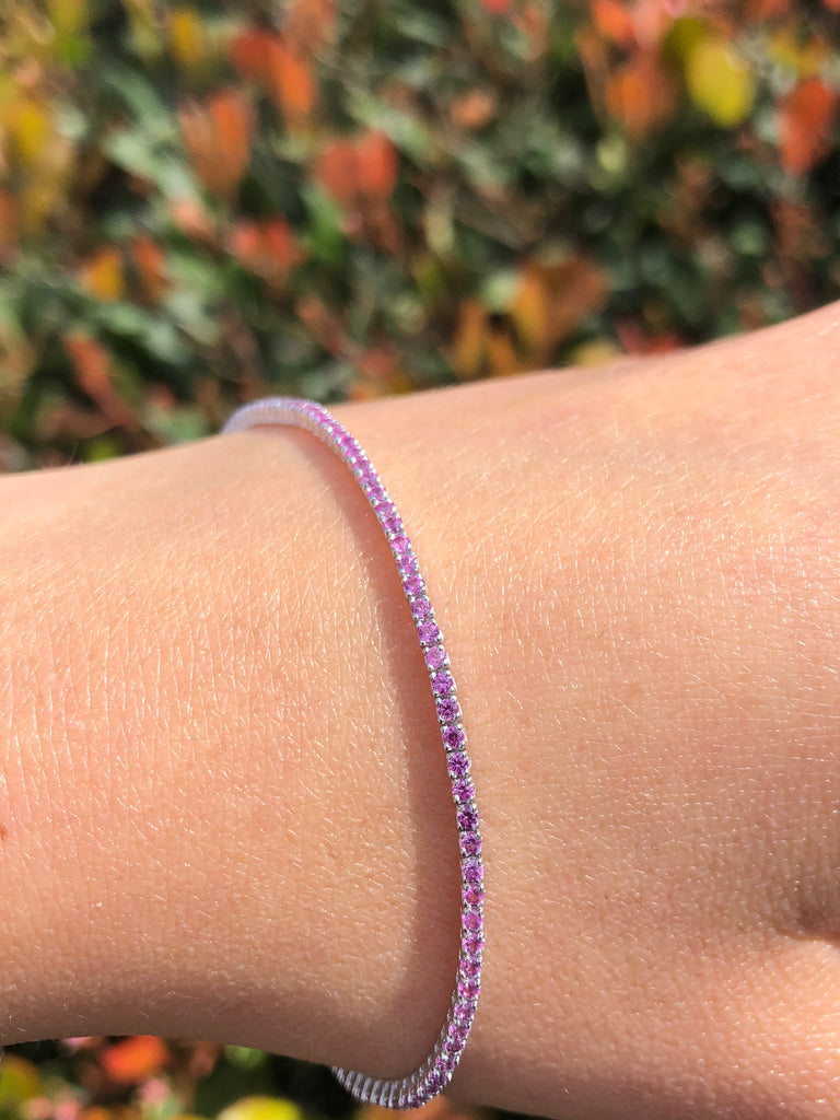 14K Gold Pink Sapphire Color Stoned Tennis Bracelet