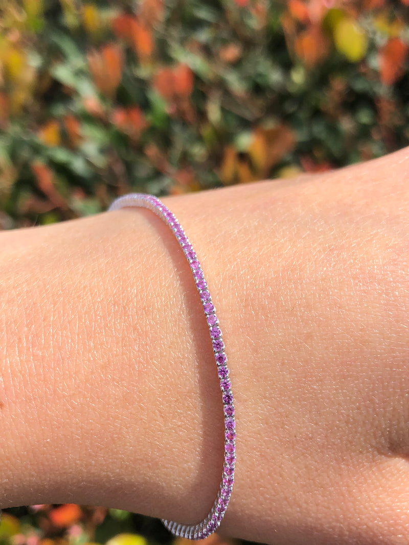 14K Gold Pink Sapphire Color Stoned Tennis Bracelet