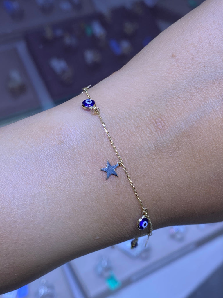 14K Gold Evil Eye and Star Bracelet