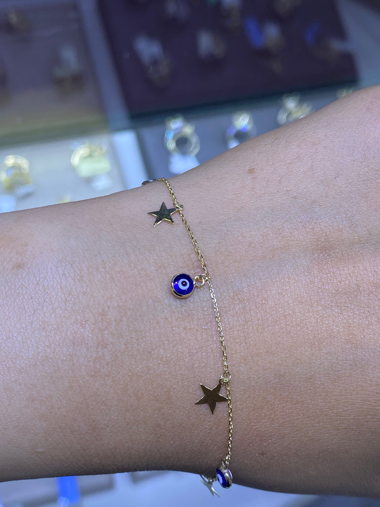 14K Gold Evil Eye and Star Bracelet