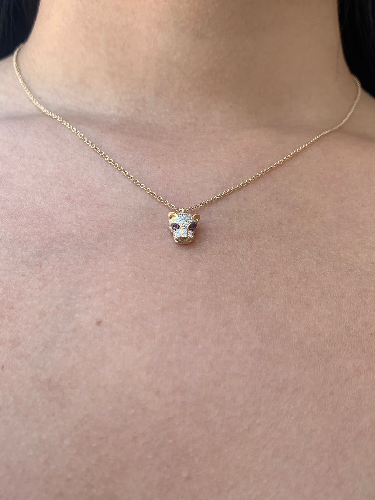 14K Gold Ruby Eye Diamond Panther Necklace