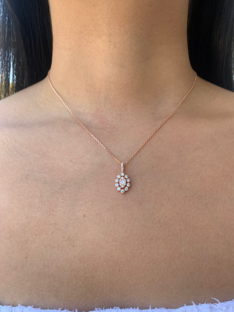 14K Gold Marquise Round Halo Cluster Diamond Necklace