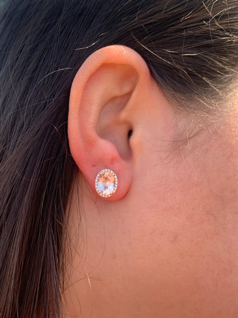 14K Gold Diamond Halo Oval Morganite Earrings