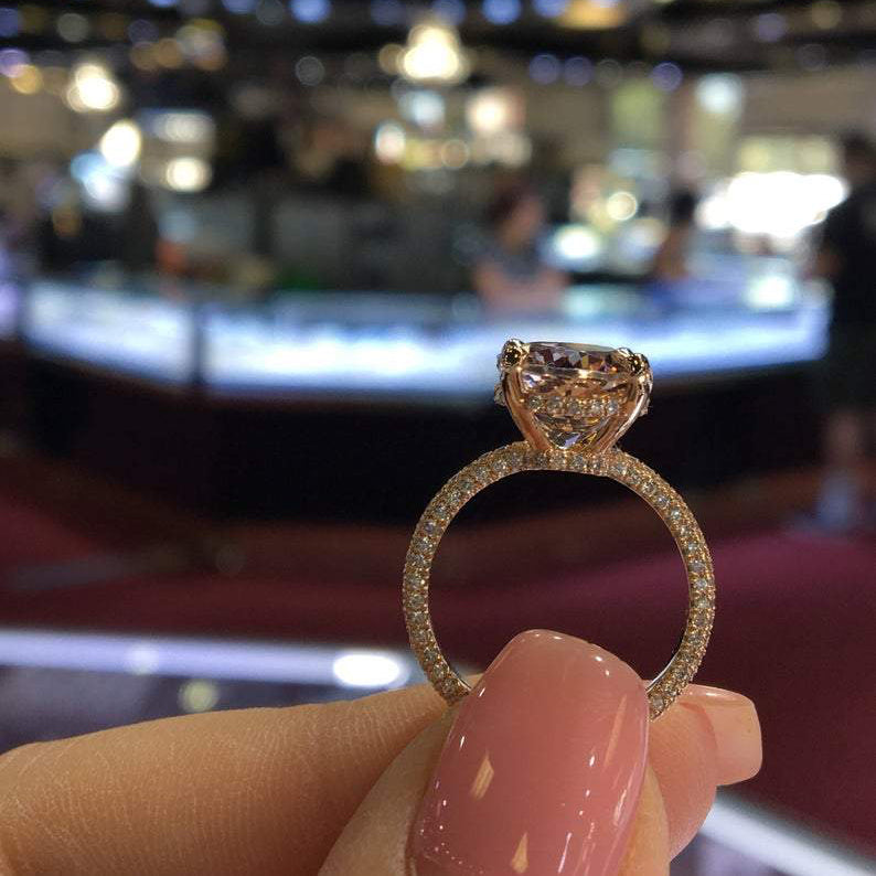 14K Gold Diamond Under Halo with 4 Carat Oval Morganite Engagement Ring