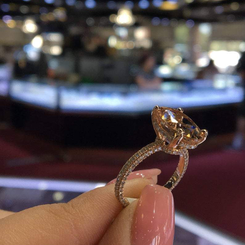 14K Gold Diamond Under Halo with 4 Carat Oval Morganite Engagement Ring