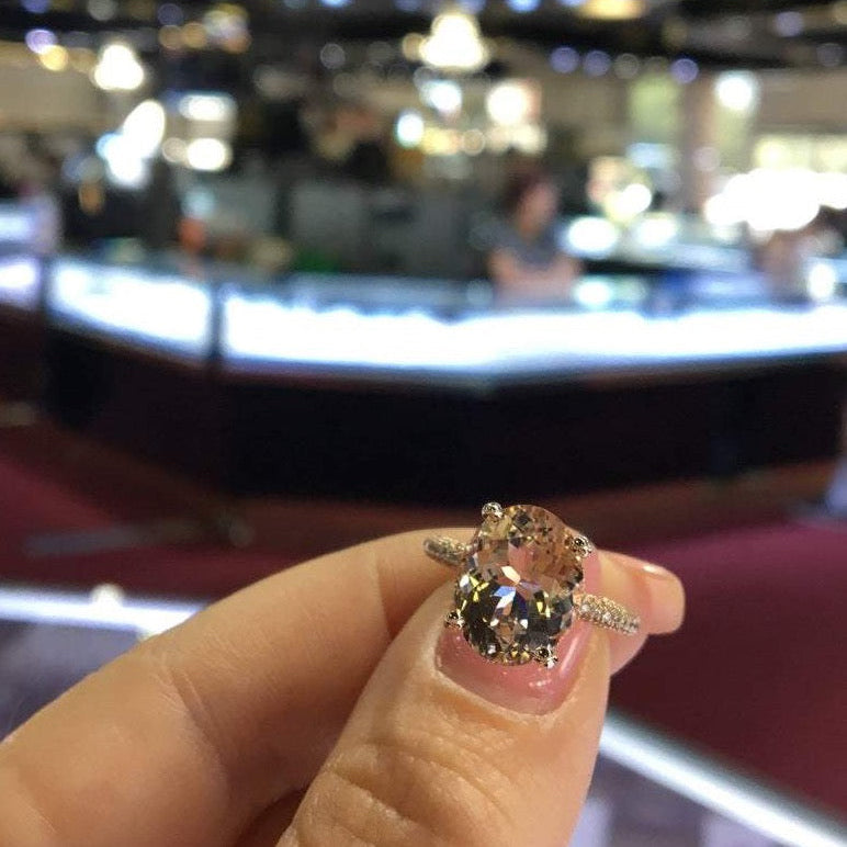 14K Gold Diamond Under Halo with 4 Carat Oval Morganite Engagement Ring