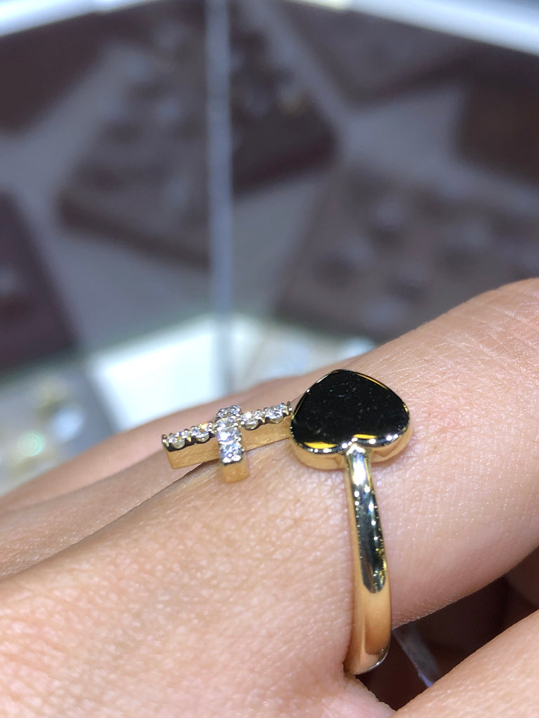 Gold Heart and Diamond Cross Ring