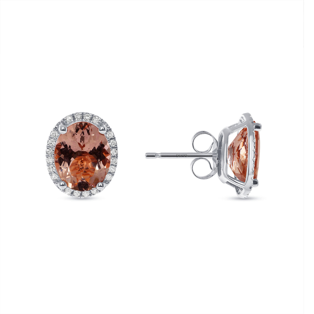14K Gold Diamond Halo Oval Morganite Earrings