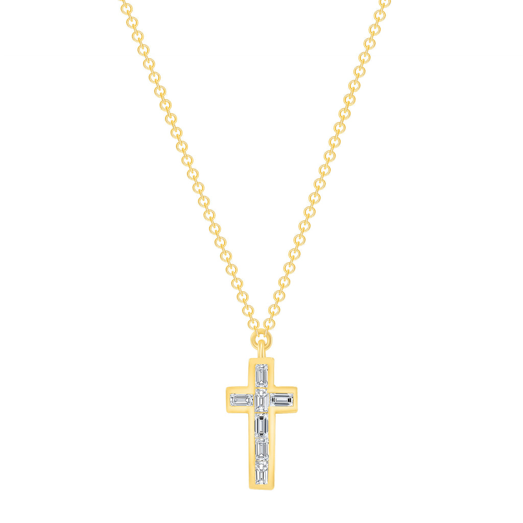 14k Gold Baguette Diamond Cross Necklace