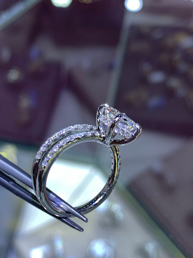 Custom Double Band Engagement Ring Lab Grown Emerald Cut Center Stone