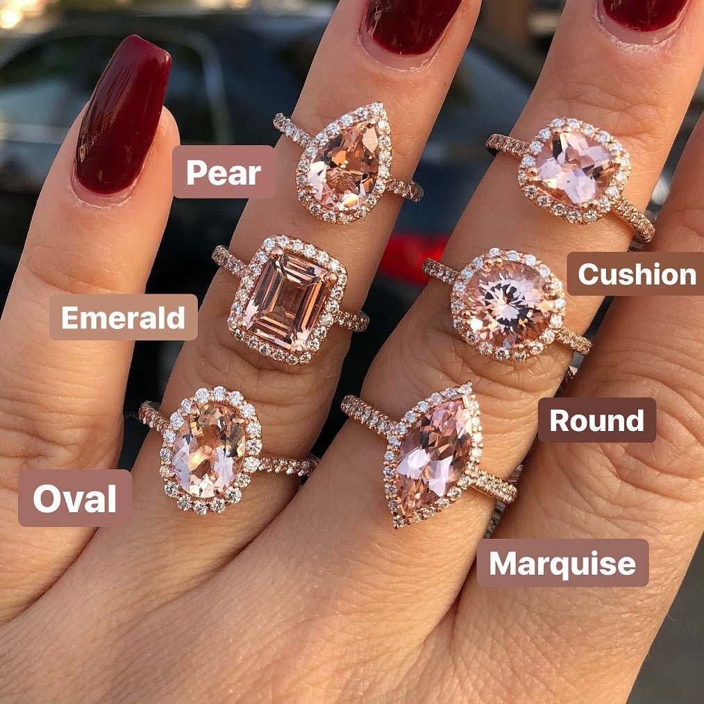 morganite ring shapes - pear, emerald, oval, cushion, round, marquise - 2 carat morganite ring