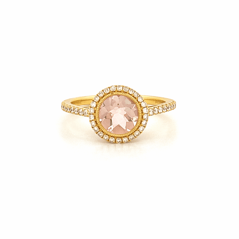 14K Gold Round Halo Morganite Cathedral Ring