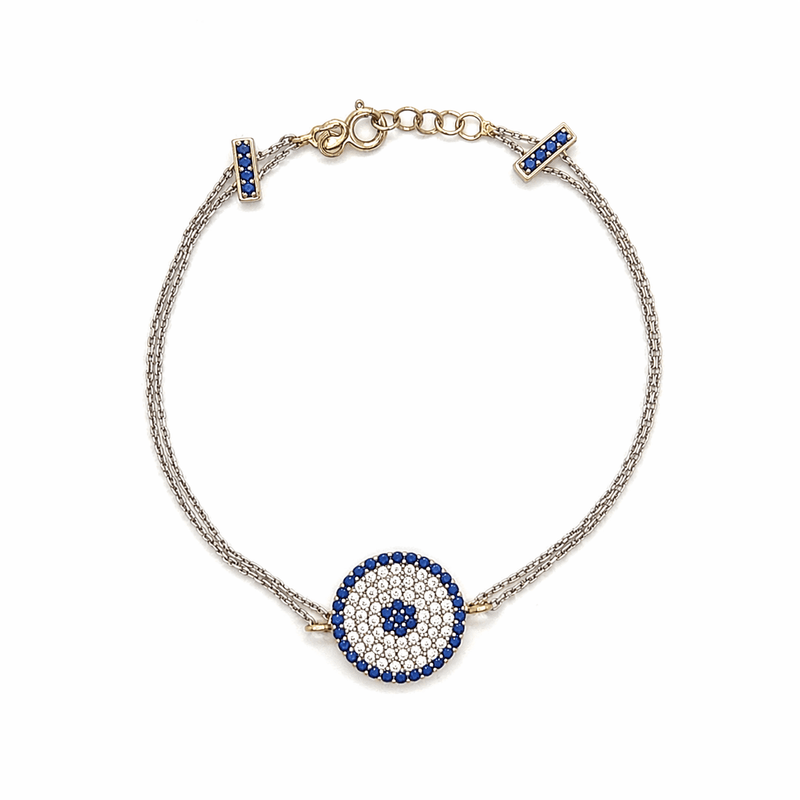 14K Gold Round Evil Eye Pave Sliding Bar Double Chain Bracelet