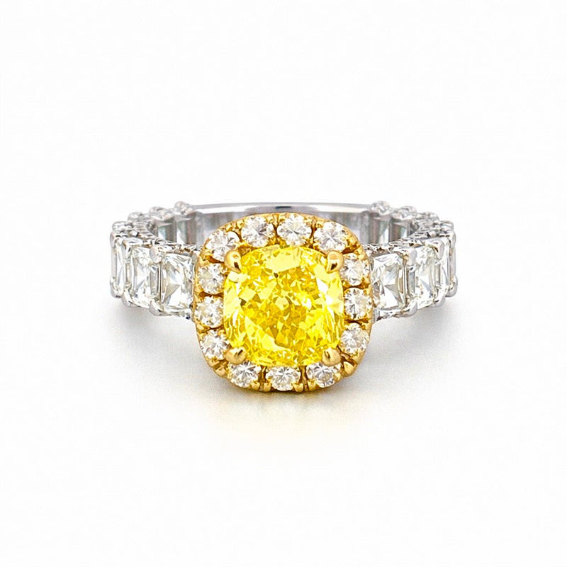 14K Two-Tone Gold Natural 1.50 Carat Cushion Yellow Diamond Radiant Diamond U Prong Engagement Ring