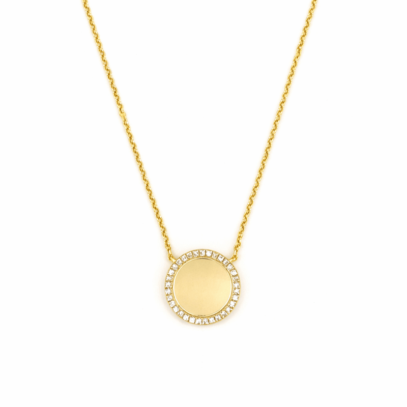 14K Gold Diamond Round Plate Necklace