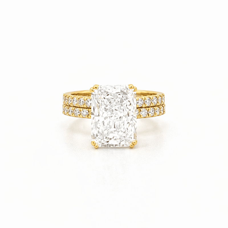 14K Gold 6.50 Carat Lab Grown Radiant Diamond Prong Set Engagement Set with Diamond Under Halo and Prongs