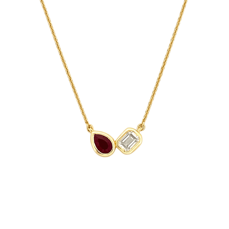 14K Gold Pear Ruby and Emerald Diamond Bezel Pendant Necklace