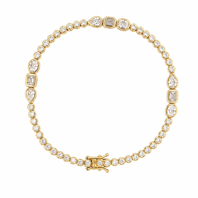 14K Gold Tri Stone Station and Round Bezel Natural Diamond Bracelet