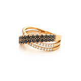14K Gold Black Diamond and Diamond Crossed Two Row Ring