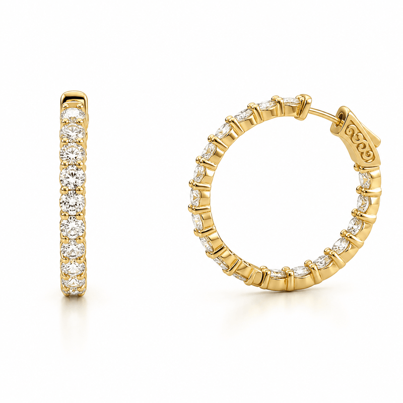 14K Gold In and Out Natural Diamond Hoop Earrings