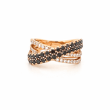 14K Gold Black Diamond and Diamond Crossed Two Row Ring