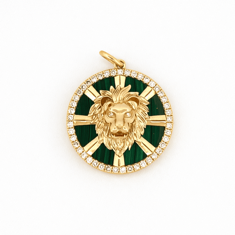 14K Gold Diamond Malachite Lion Pendant