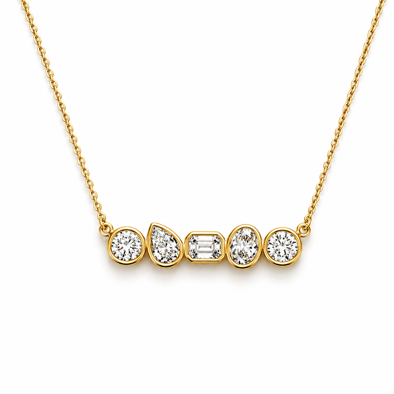 14K Gold Lab Grown Multi Shape Diamond Bezel Pendant Necklace
