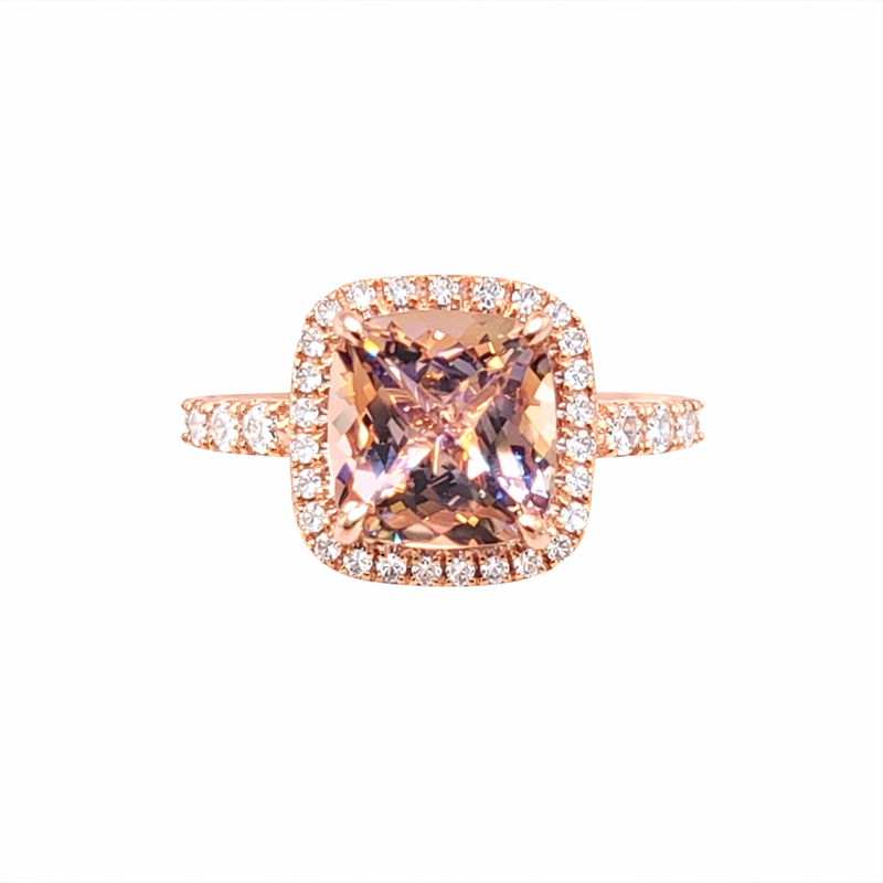 14K Gold Double Under Halo 3D Band with Cushion Morganite Engagement Ring
