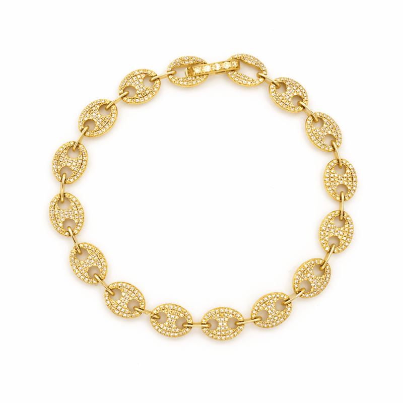 14K Gold Flat Diamond Pavé Mariner Link Bracelet
