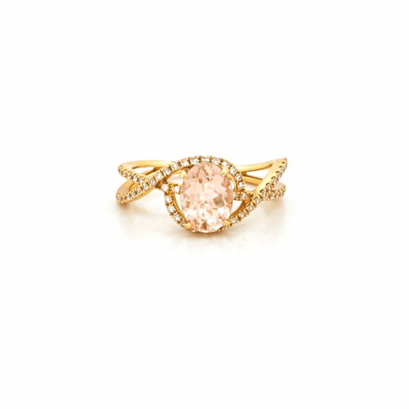14K Gold Oval Morganite Split Curve Diamond Ring